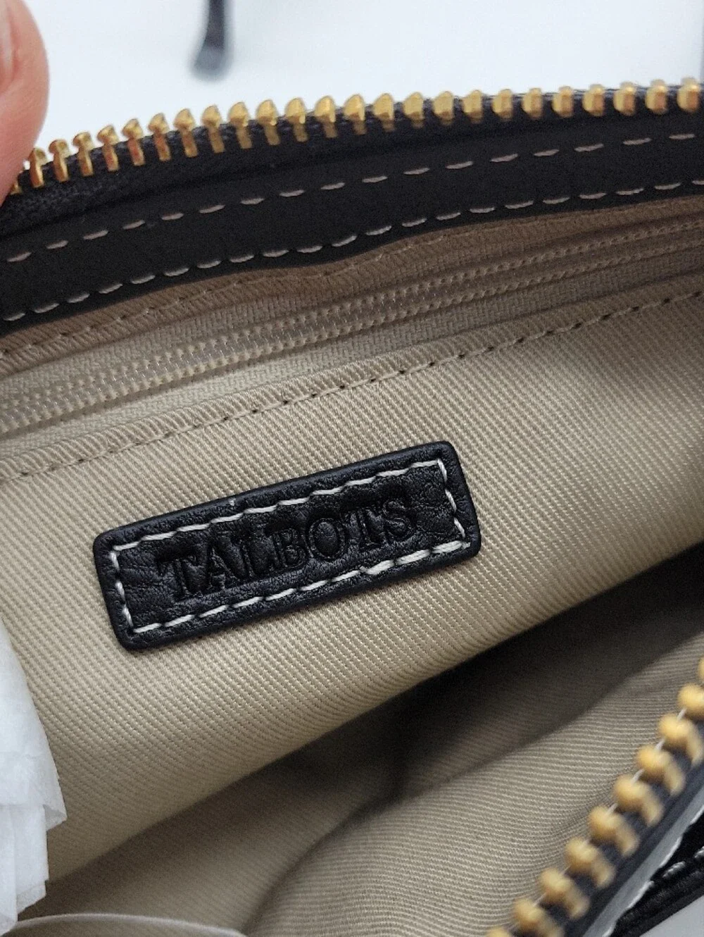 Talbots Black Leather Wristlet Clutch with White Stitching and Gold Hardware